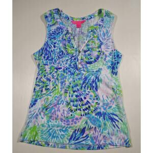 Lilly Pulitzer Women’s Sleeveless Tropical Print Tank Button Front Blue Green